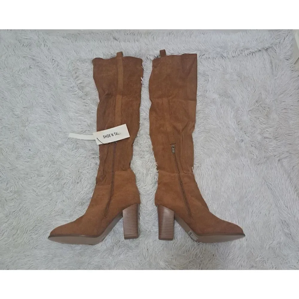 Shoe'N Tale Women Boots Brown Faux Suede Chunky Heel Over‎ The Knee Thigh High